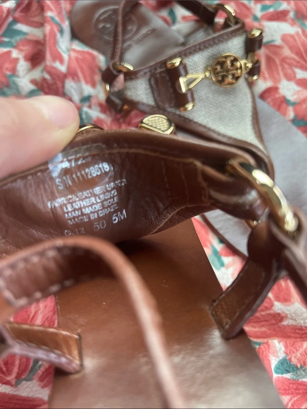 Tory Burch Brown Leather & Beige Canvas Logo Thong Sandals